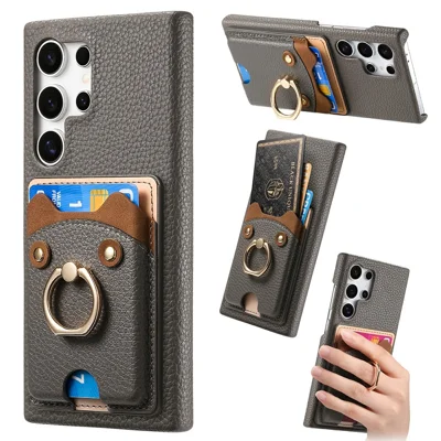 For Samsung Galaxy S26 Ultra PU Leather Phone Back Cover with Cute Bear Design Card Holder - Grey