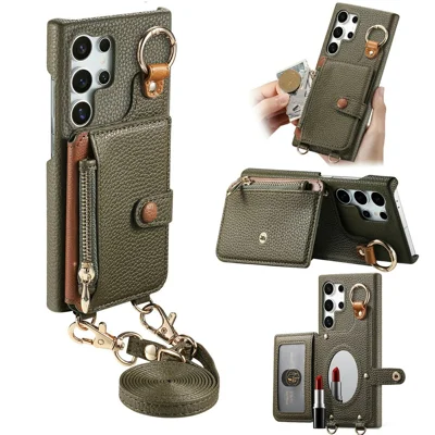 For Samsung Galaxy S26 Ultra Leather Phone Back Cover Zipper Card Holder Kickstand with Mirror and Long Strap - Green