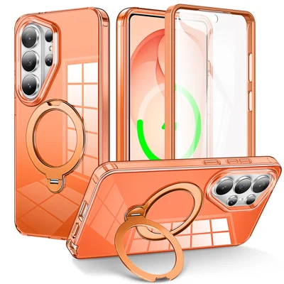 For Samsung Galaxy S26 Ultra Phone Case with Screen Protector Magnetic Metal Ring Kickstand Soft-touch TPU + PC Cover - Orange