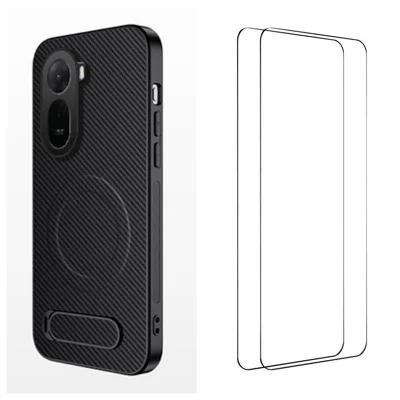 Für Xiaomi Redmi A7 Pro 4G / Xiaomi Poco C85x 5G WANLONFENG QT1 Serie Magnetische Hülle mit 2 Stk. Panzerglasfolien, Ständer, Carbonfaser-Textur PC TPU Handyhülle - Schwarz