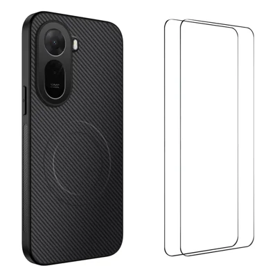 Für Xiaomi Redmi A7 Pro 4G / Xiaomi Poco C85x 5G WANLONFENG TQ1 Serie Magnetische Hülle Kohlefaser-Optik PC TPU Handy-Schutzhülle mit 2 Stk. Displayschutzfolien - Schwarz