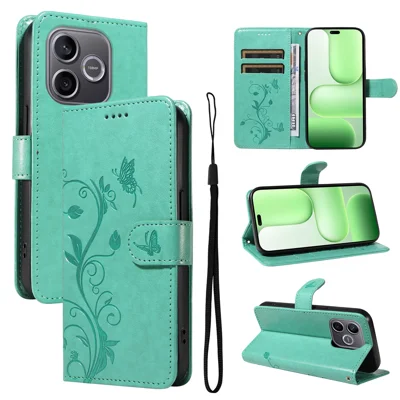 For Honor 600 Lite 5G PU Leather Cases Flower Pattern Wallet Stand Phone Cover with Strap - Green