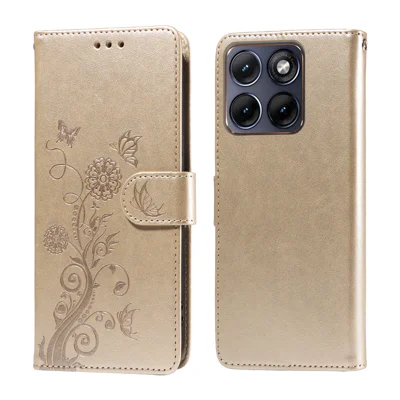 Cover in Pelle per Motorola Edge 70 Fusion 5G con Stampa a Farfalla e Fiori, Portafoglio con Supporto - Dorato