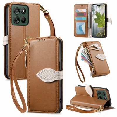 Cover con supporto per Motorola Edge 70 Fusion 5G, custodia in pelle con chiusura magnetica a forma di foglia e tracolla staccabile - Marrone