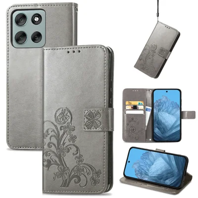 Für Motorola Edge 70 Fusion 5G Ledertasche mit Glücksklee-Muster, Brieftaschen-Handyhülle – Grau
