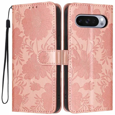 For Google Pixel 9 Pro  /  Pixel 10 Pro Wallet Case Imprint Floral PU Leather Stand Flip Phone Cover with Wrist Strap - Rose Gold