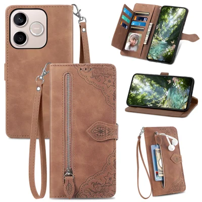 Capa Carteira com Zíper para Honor 600 Lite 5G com Alça e Estampa de Flores em Couro PU - Marrom