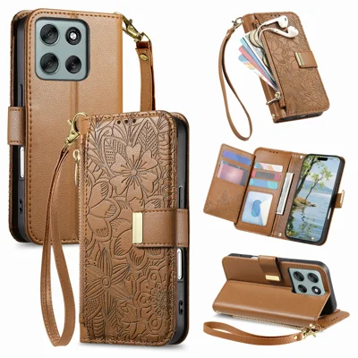 Étui pour Motorola Edge 70 Fusion 5G avec motif floral et feuilles, compartiments multiples pour cartes, fermeture à glissière, housse en cuir avec dragonne - Marron