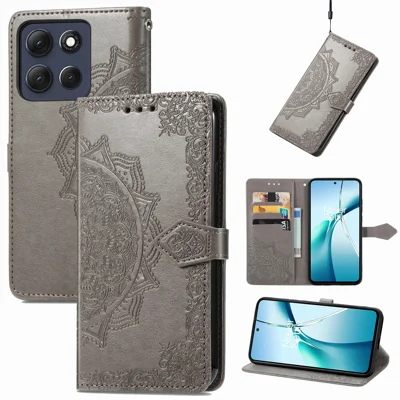 For Motorola Moto G17 Power 4G / G17 4G / G15 4G / G15 Power 4G Wallet Case Mandala Flower Leather Phone Cover Stand - Grey