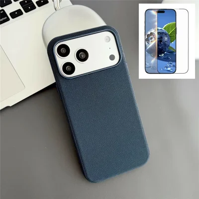 Magnetische Hülle für iPhone 17 Pro Max mit gehärtetem Glasschutz und Stoffstruktur-Design aus PC + TPU, kompatibel mit MagSafe – Blau
