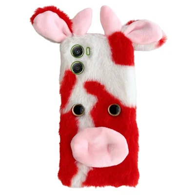 For Motorola Moto G06 Power 4G / G06 4G TPU Case Fluffy Fuzzy Milk Cow Ear Plush Phone Cover - Red