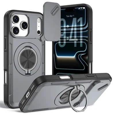 Obudowa magnetyczna na iPhone 17 Pro Max z przesuwaną osłoną aparatu, obracającą się podstawką PC + obudowa telefoniczna TPU - Szary