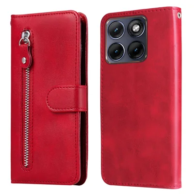 Cover in ecopelle con porta carte e tasca con cerniera per Motorola Edge 70 Fusion 5G, supporto per telefono - Rosso