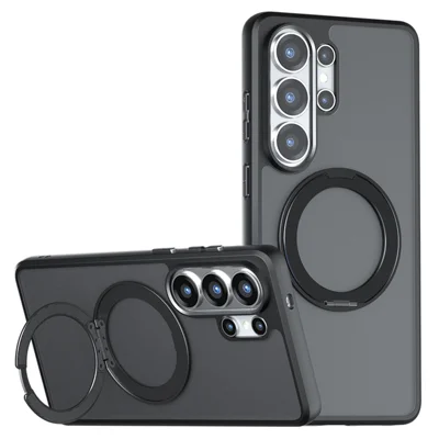 For Samsung Galaxy S24 Ultra Matte Skin-touch Magnetic Case 360° Rotating Kickstand Shockproof TPU + PC Phone Cover - Transparent Black