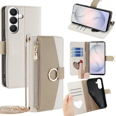 Cover per Samsung Galaxy S26 con Specchio, Portafoglio, Custodia in Pelle con Tracolla a Catena - Bianco