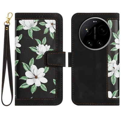 For Xiaomi 17 Ultra 5G Case PU Leather Floral Phone Cover with Card Slots - Black