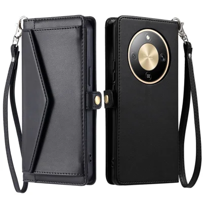 Cover in pelle per Honor Magic8 Lite 5G / X9d 5G / X70 5G con portafoglio, supporto e cinturino da polso - Nero