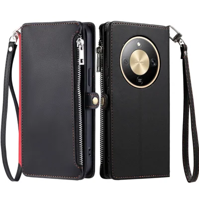 Voor Honor Magic8 Lite 5G / X9d 5G / X70 5G Hoesje TPU + PU Leren Portemonnee Hoes met Polsbandje - Zwart