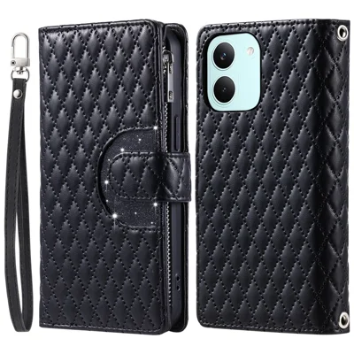 Phone Case for Xiaomi Poco X8 Pro 5G  /  Redmi Turbo 5 5G Zipper Pocket Glitter Leather Phone Cover with Wrist Strap - Black