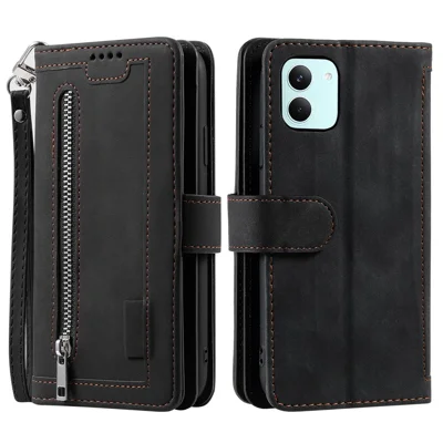 For Xiaomi Poco X8 Pro 5G  /  Redmi Turbo 5 5G Case 9 Card Slots Zipper Wallet PU Leather Phone Cover with Wrist Strap - Black