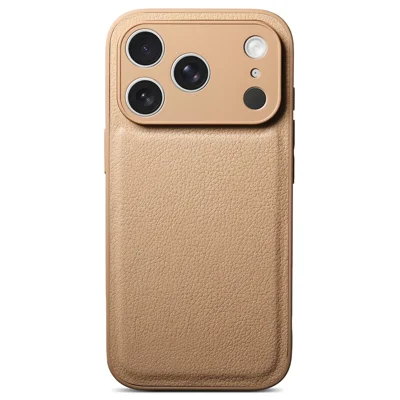 Coque pour iPhone 17 Pro Max, texture en cuir synthétique aspect litchi, protection antidéflagrante - Kaki