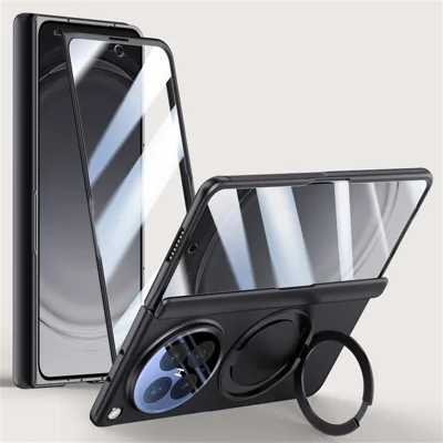 لـ Oppo Find N6 5G غطاء مغناطيسي مع فيلم زجاج مقوى شفاف فائق / حامي عدسة، غطاء هاتف من مادة البولي كربونات بحامل دوار للمفصلات - أسود