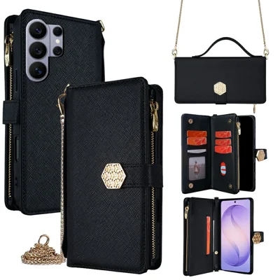For Samsung Galaxy S26 Ultra Case Cross Texture PU Leather + TPU Wallet Phone Cover with Strap - Black