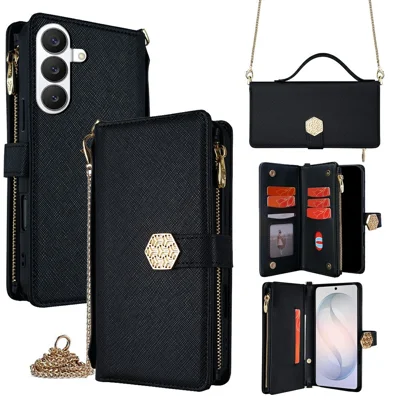 For Samsung Galaxy S26 Case Cross Texture PU Leather + TPU Wallet Phone Cover with Strap - Black