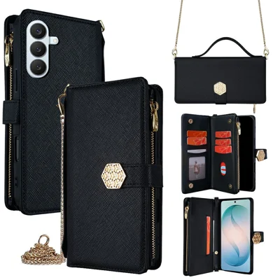 For Samsung Galaxy S26+ Case Cross Texture PU Leather + TPU Wallet Phone Cover with Strap - Black