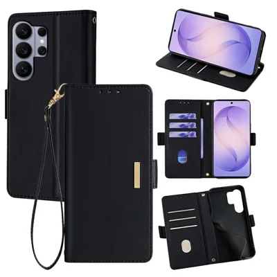 For Samsung Galaxy S26 Ultra Case RFID Blocking Wallet PU Leather Phone Cover with Wrist Strap - Black