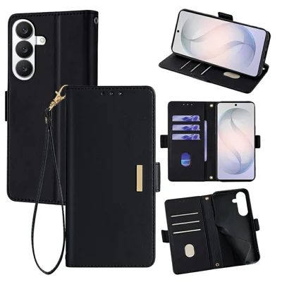 For Samsung Galaxy S26 Case RFID Blocking Wallet PU Leather Phone Cover with Wrist Strap - Black