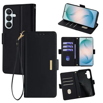For Samsung Galaxy S26+ Case RFID Blocking Wallet PU Leather Phone Cover with Wrist Strap - Black