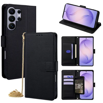 For Samsung Galaxy S26 Ultra Wallet Case Triangle Pattern Imprinted Stand Leather Phone Cover with Shoulder Strap - Black