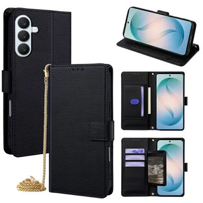 For Samsung Galaxy S26+ Wallet Case Triangle Pattern Imprinted Stand Leather Phone Cover with Shoulder Strap - Black