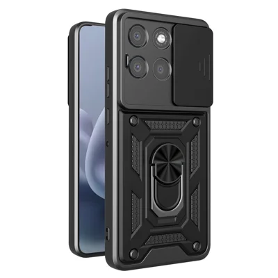 Skåll för Motorola Moto G67 5G / G77 5G med skjutbar linslucka PC + TPU, ställfot för mobiltelefon - Svart