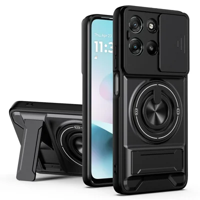 Magnetisk fodral för Motorola Moto G67 5G / G77 5G, med ringhållare, vikbar stödplatta, TPU PC mobilskal med skydd för kamerahölje - Svart