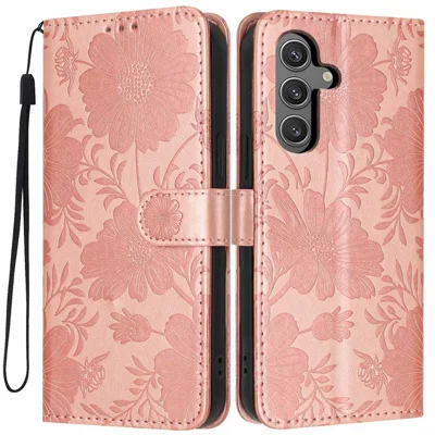 For Samsung Galaxy S24 FE Wallet Case Imprint Floral PU Leather Stand Flip Phone Cover with Wrist Strap - Rose Gold