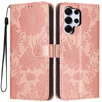 For Samsung Galaxy S24 Ultra Wallet Case Imprint Floral PU Leather Stand Flip Phone Cover with Wrist Strap - Rose Gold