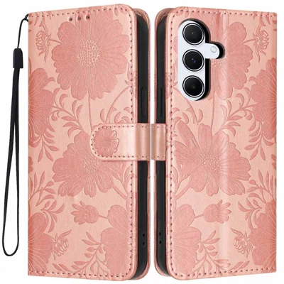 For Samsung Galaxy A25 5G (Global) (161mm) Wallet Case Imprint Floral PU Leather Stand Flip Phone Cover with Wrist Strap - Rose Gold