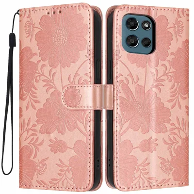 For Motorola Moto G 5G (2026) Wallet Case Imprint Floral PU Leather Stand Flip Phone Cover with Wrist Strap - Rose Gold
