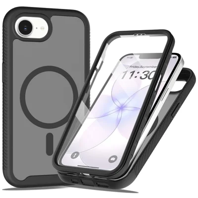 Coque magnétique pour iPhone 17e / 16e 3 en 1 translucide tactile PC TPU avec film protecteur d'écran PET - Noir