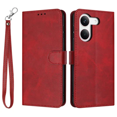 Wallet Case for Xiaomi Redmi Turbo 5 5G  /  Poco X8 Pro 5G Flip Stand Calf Texture PU Leather Phone Cover with Strap - Red
