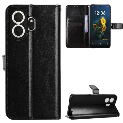 For TCL NxtPaper 70 Pro 5G PU Leather Case with Strap Crazy Horse Texture Phone Wallet Cover - Black