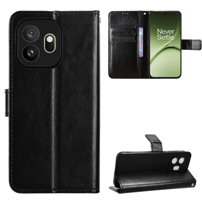 Capa de Couro PU para OnePlus 15T 5G com Alça, Capa Carteira com Textura Crazy Horse - Preto