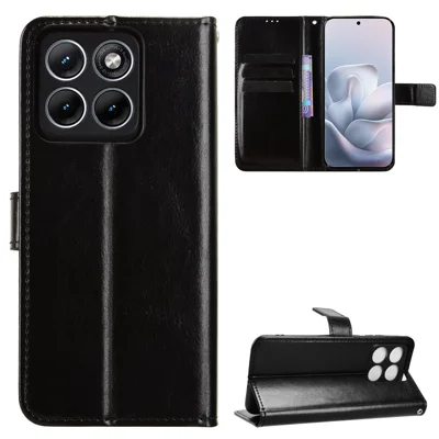 Custodia in ecopelle per Motorola Edge 70 Fusion 5G con tracolla a polso, design con texture Crazy Horse, nera, funzione portafoglio