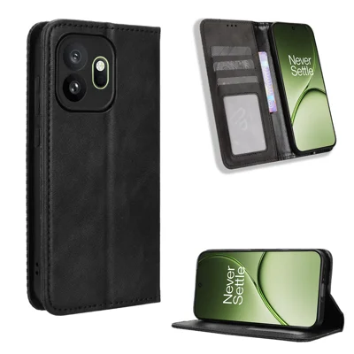 Capa de Couro para OnePlus 15T 5G com Carteira e Suporte, Capa Retro com Textura para Telemóvel - Preto