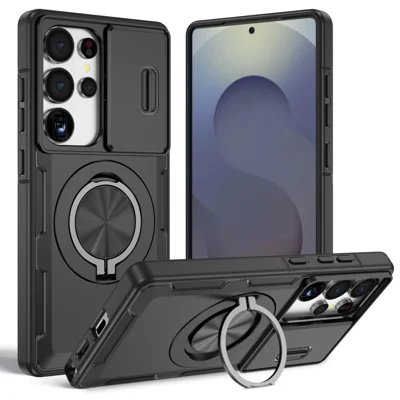 For Samsung Galaxy S24 Ultra Magnetic Case Slide Camera Cover Rotary Kickstand PC + TPU Phone Shell - Black