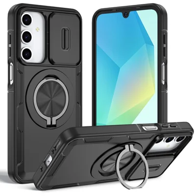 For Samsung Galaxy A18 5G / A18 4G A17 5G / A17 4G / A26 5G / A16 5G / A16 4G Magnetic Case Slide Camera Cover Rotary Kickstand PC + TPU Phone Shell - Black