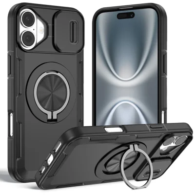 For iPhone 16 Plus Magnetic Case Slide Camera Cover Rotary Kickstand PC + TPU Phone Shell - Black