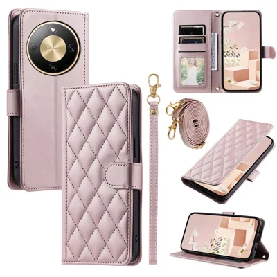 PU-Lederhülle für Honor Magic8 Lite 5G / X9d 5G / X70 5G, Brieftaschenhülle mit Rhombus-Raster-Design, mit Schultergurt / Handgelenkband – Roségold